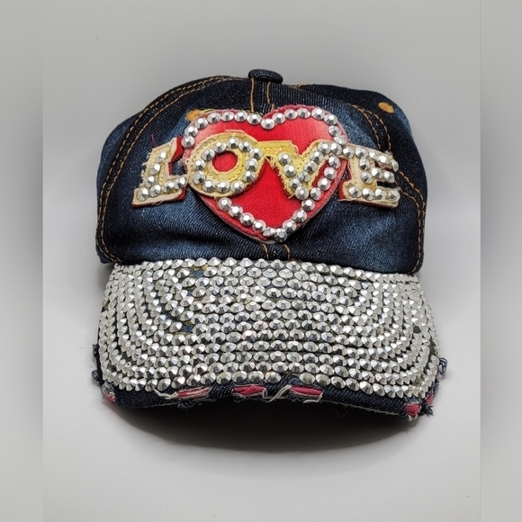 Distressed Denim Embellished Beaded Ball Cap "Love" - Picture 1 of 7